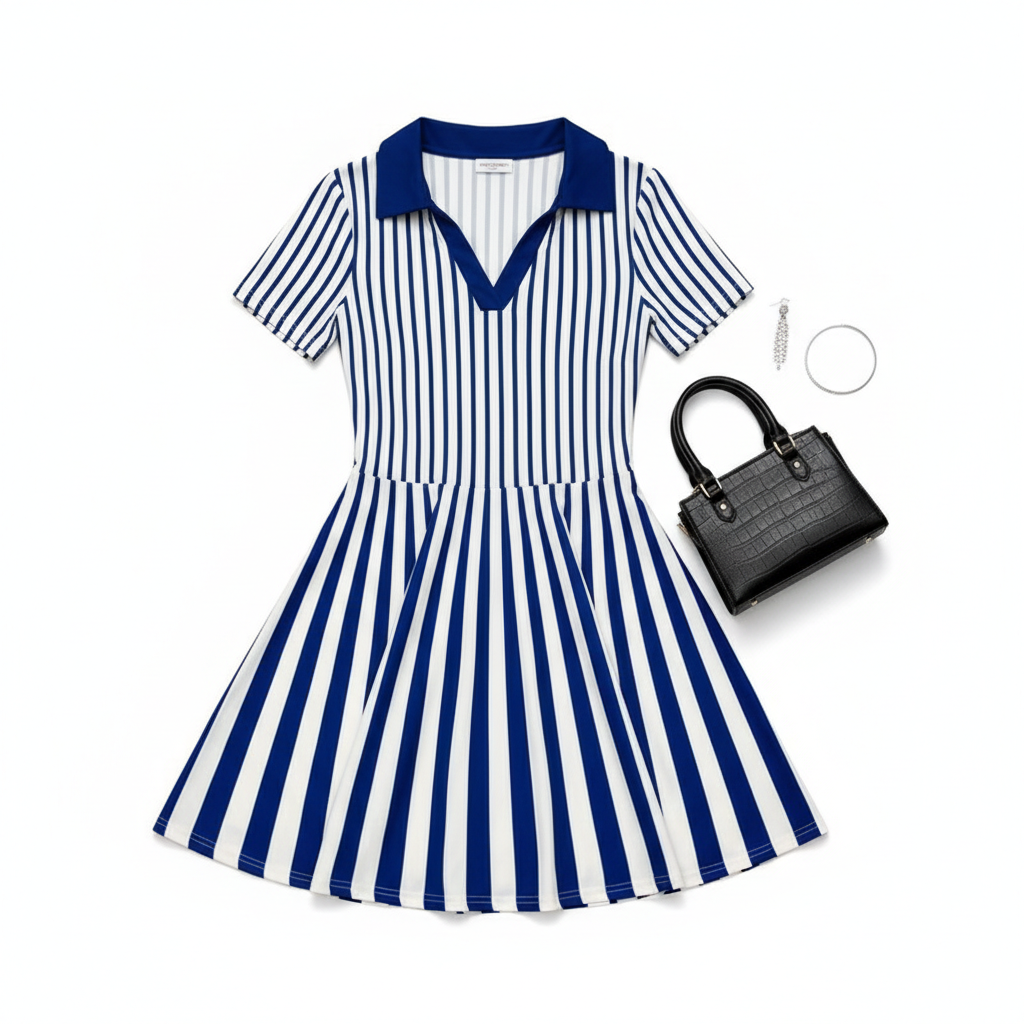 Women's Polo Dress Elegant Striped V Neck Short Sleeve A Line Dresses