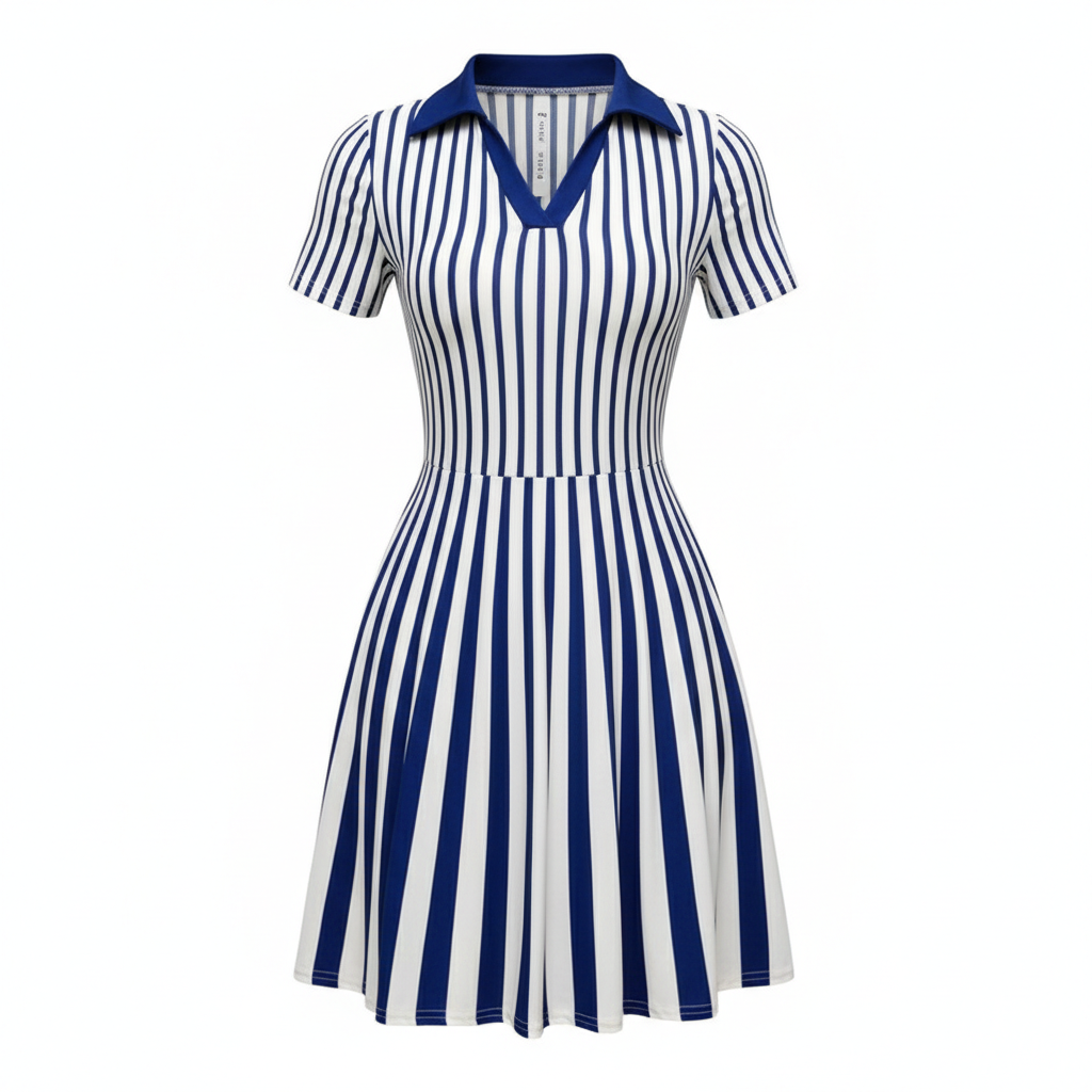 Women's Polo Dress Elegant Striped V Neck Short Sleeve A Line Dresses