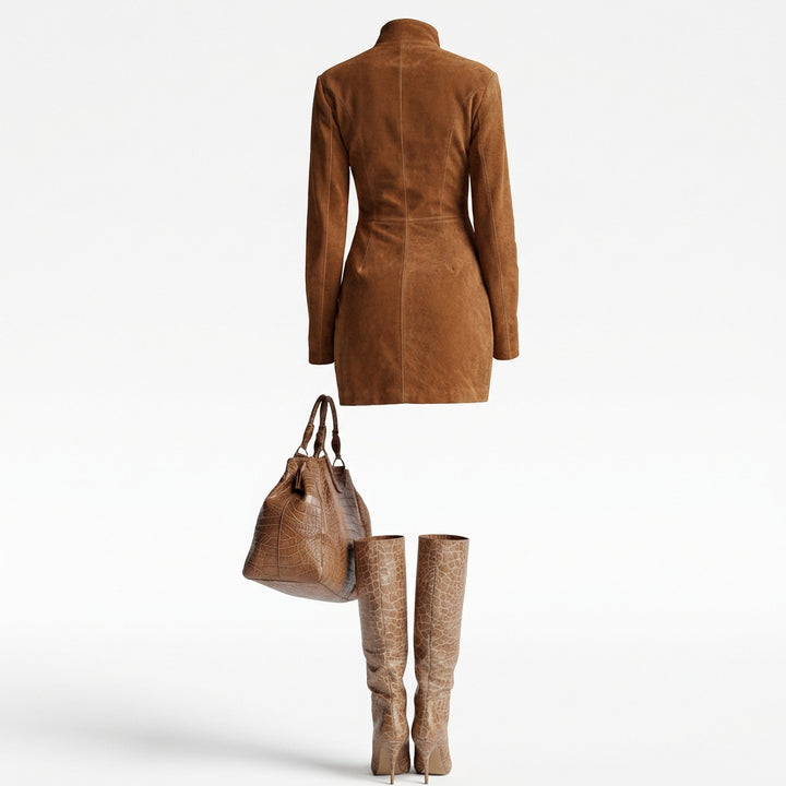 Deerskin Velvet French Long-sleeve Zipper Dress Short Skirt
