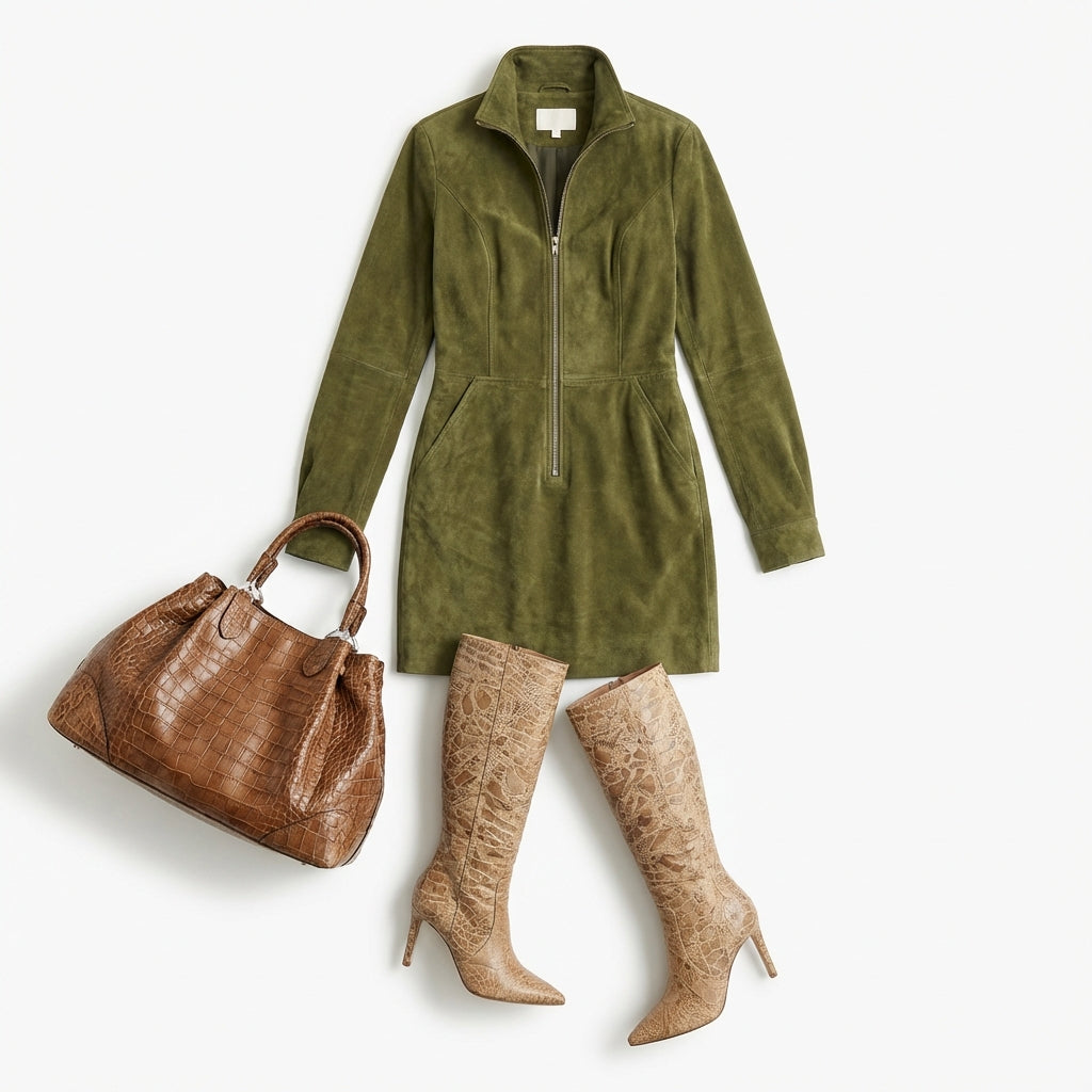 Deerskin Velvet French Long-sleeve Zipper Dress Short Skirt