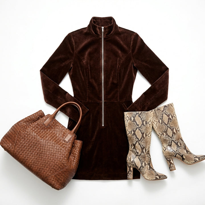 Deerskin Velvet French Long-sleeve Zipper Dress Short Skirt