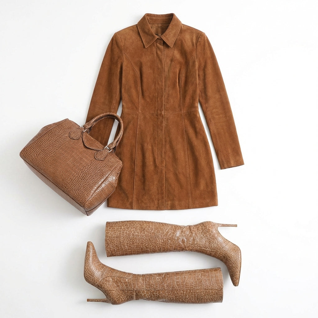 Deerskin Velvet French Long-sleeve Zipper Dress Short Skirt