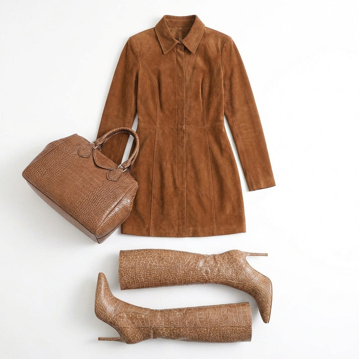 Deerskin Velvet French Long-sleeve Zipper Dress Short Skirt