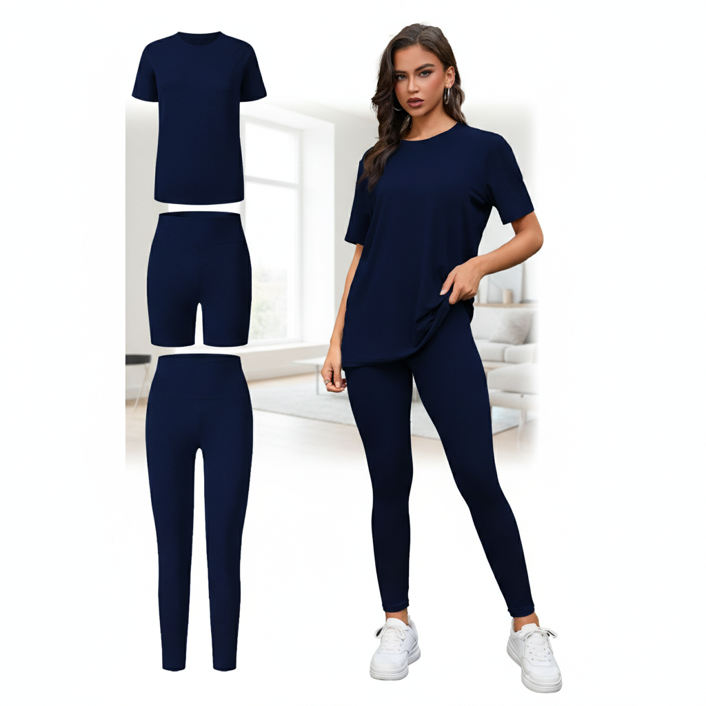 Women's 3-Piece Lounge Set – Short Sleeve Round Neck Top with Shorts & Pants