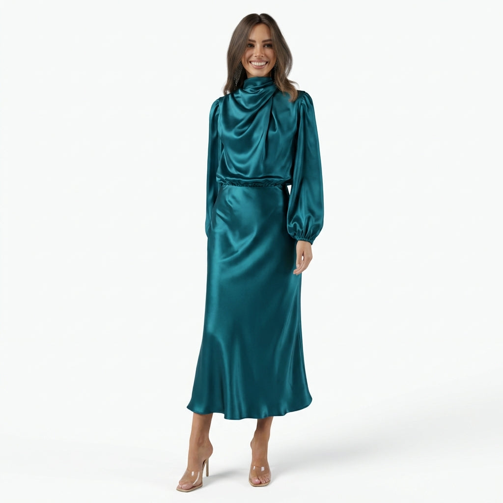 Elegant Temperament Long-sleeved Dress Satin Halterneck Formal Evening Dresses Women Clothing