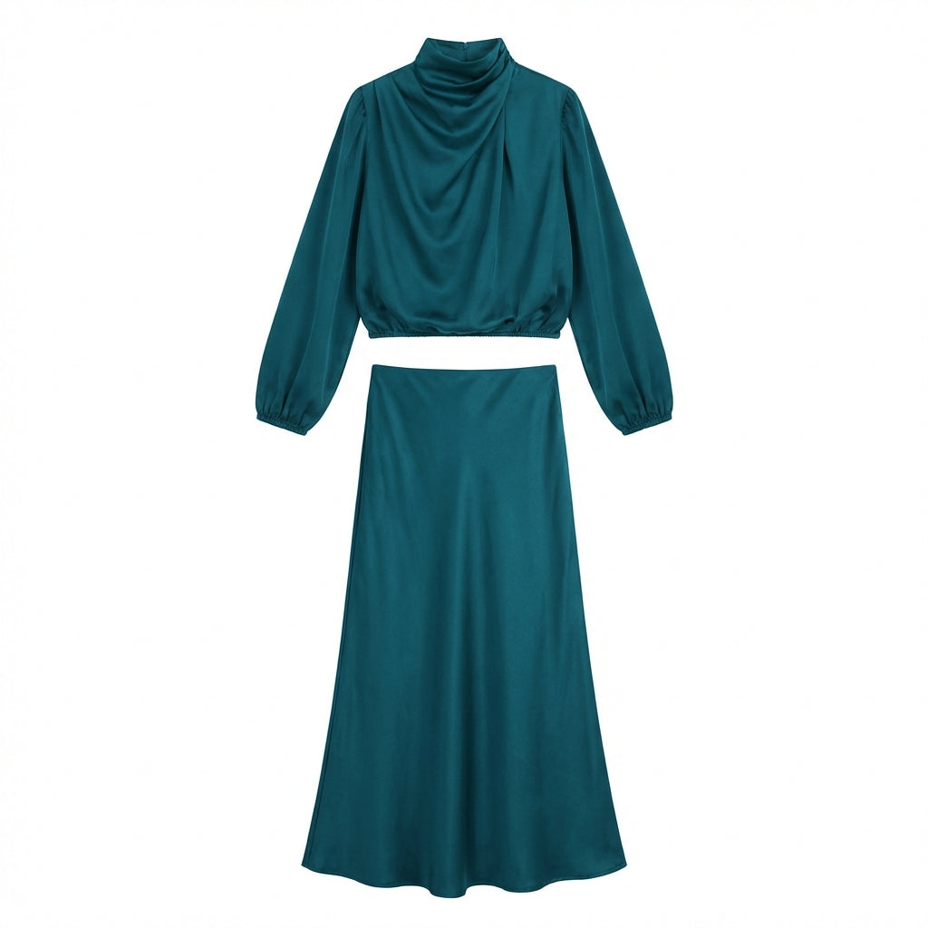 Elegant Temperament Long-sleeved Dress Satin Halterneck Formal Evening Dresses Women Clothing