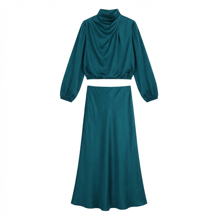 Elegant Temperament Long-sleeved Dress Satin Halterneck Formal Evening Dresses Women Clothing