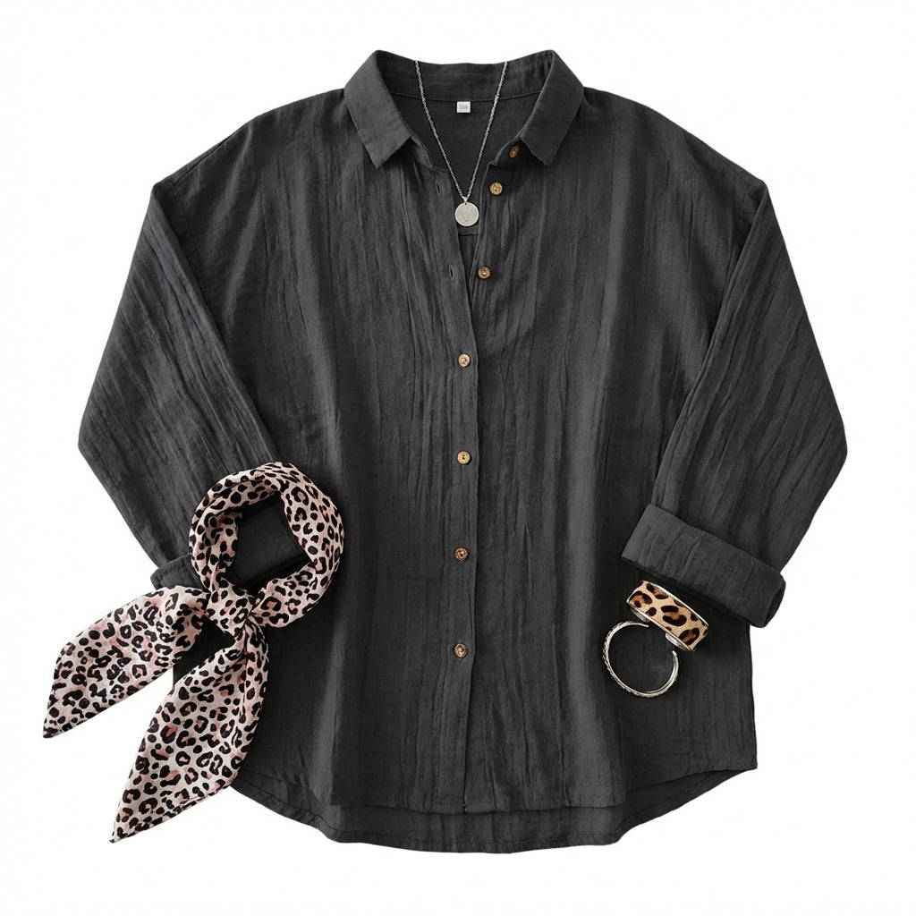 Lapel Long Sleeve Shirt Women's Single-breasted Pleated Shirt Tops Clothing