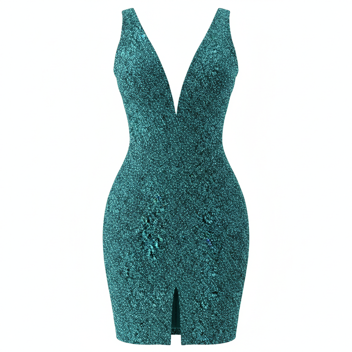 Women's Sequin Cocktail Dress Sexy Deep V Neck Bodycon Glitter Party Midi Dress