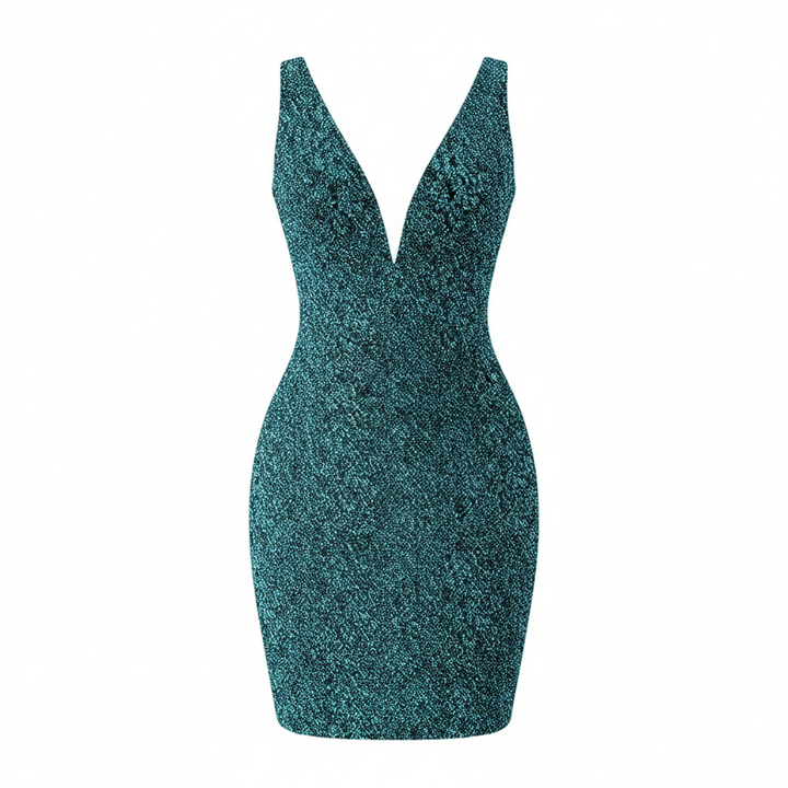 Women's Sequin Cocktail Dress Sexy Deep V Neck Bodycon Glitter Party Midi Dress