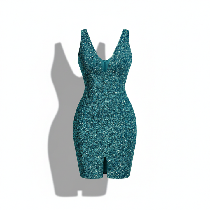 Women's Sequin Cocktail Dress Sexy Deep V Neck Bodycon Glitter Party Midi Dress
