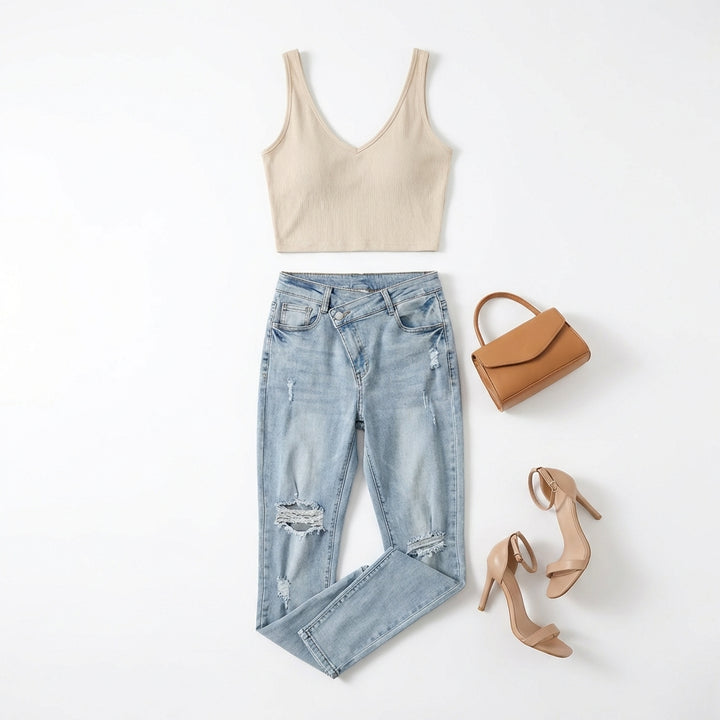 Women's Tear Washed Slim Fit Denim Jeans with Waist Belt