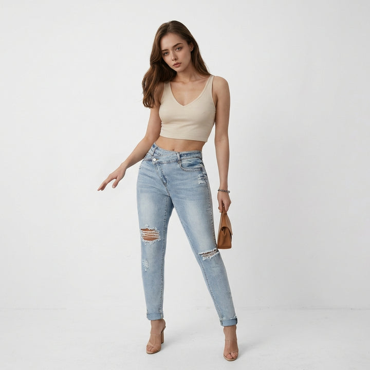 Women's Tear Washed Slim Fit Denim Jeans with Waist Belt