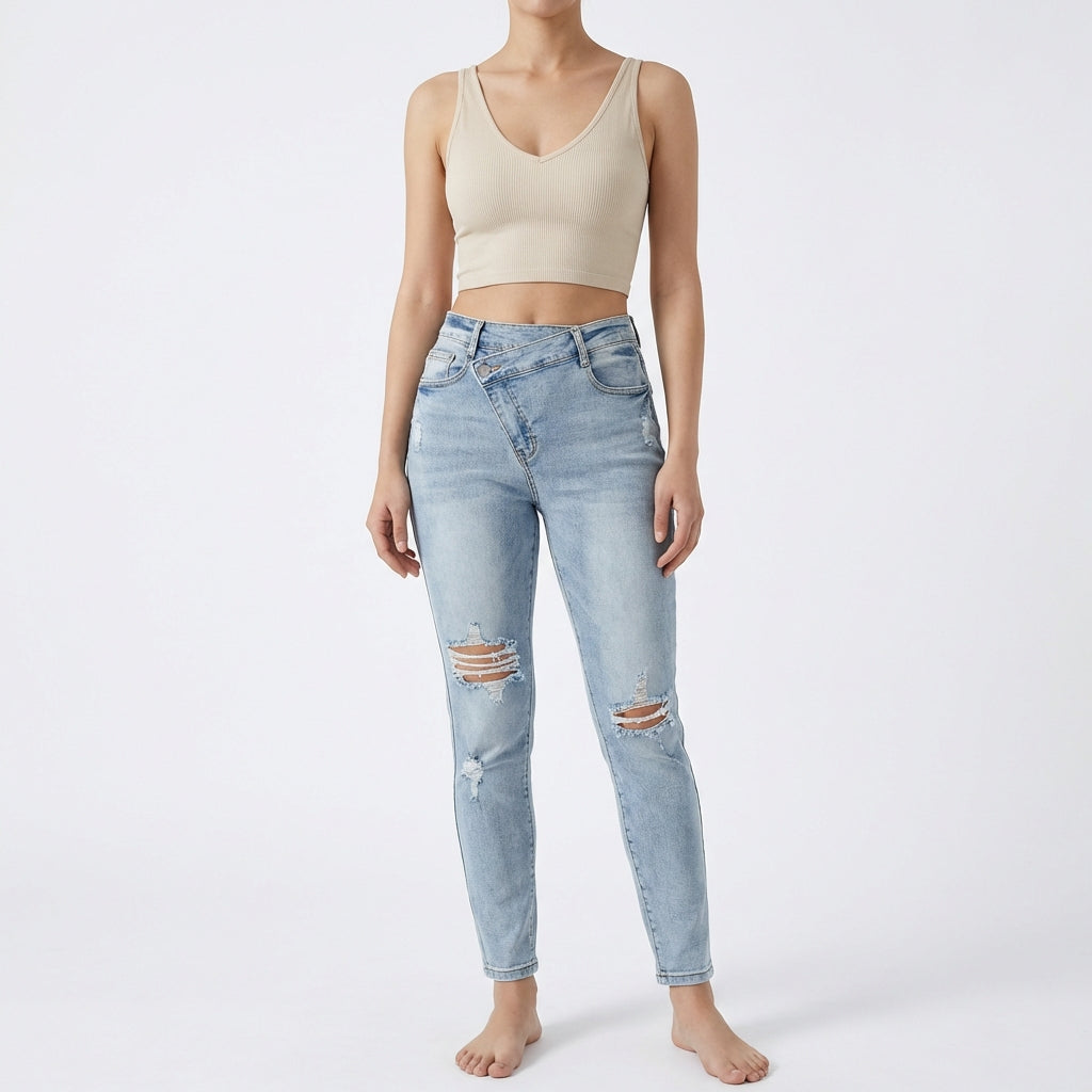 Women's Tear Washed Slim Fit Denim Jeans with Waist Belt
