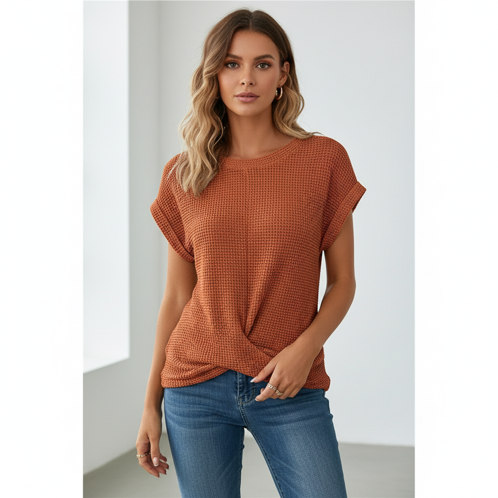 Women’s Waffle Knit Short Sleeve Crew Neck T-Shirt