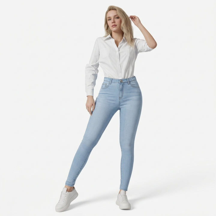 Women's High-Rise Slim Fit Blue Jeans – Stretch Denim with Slant Pockets