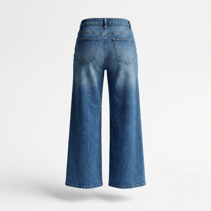 Women's Medium Blue Elastic Waist Jeans - Wide Leg Casual Denim