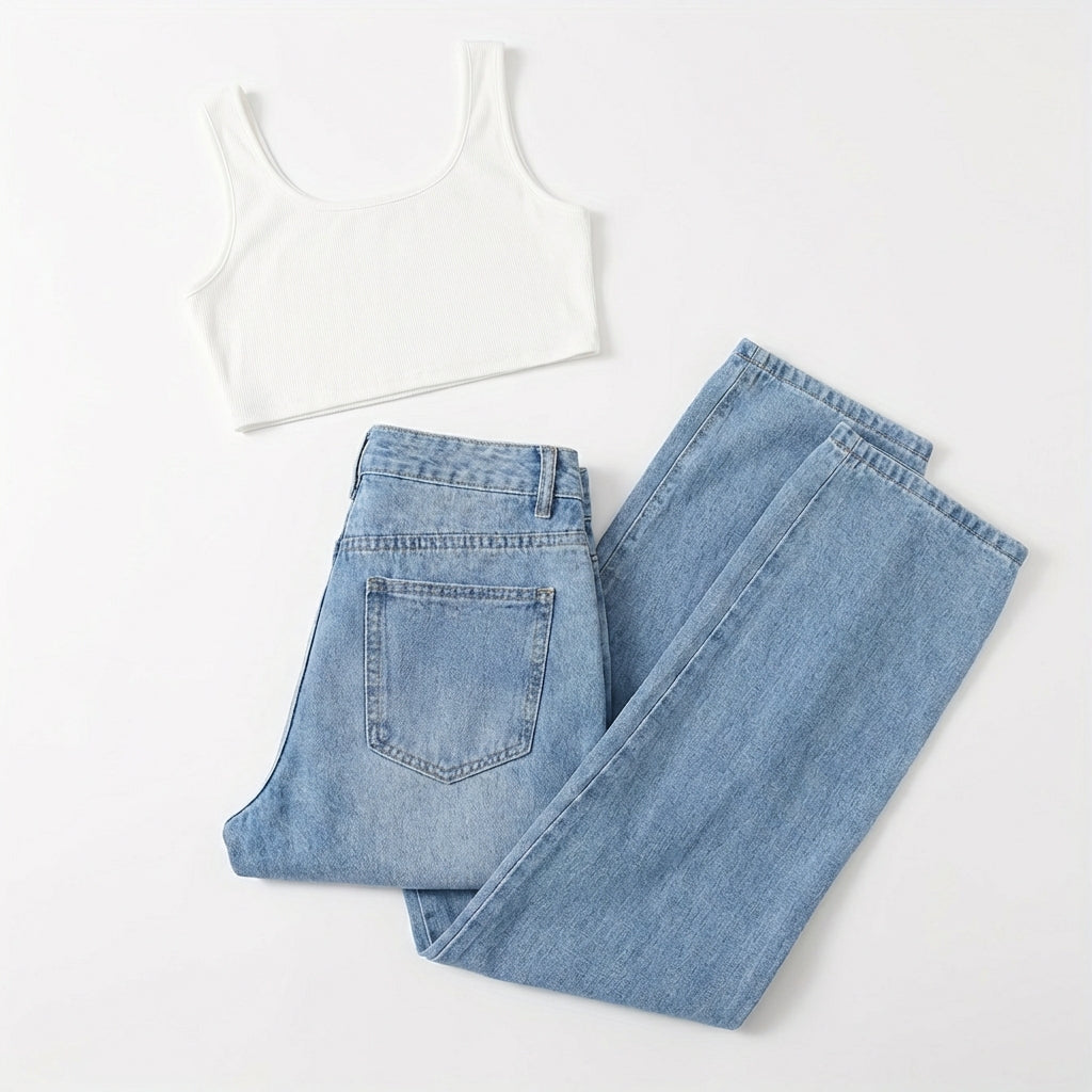 European And American Ladies Washed Hole Denim Trousers