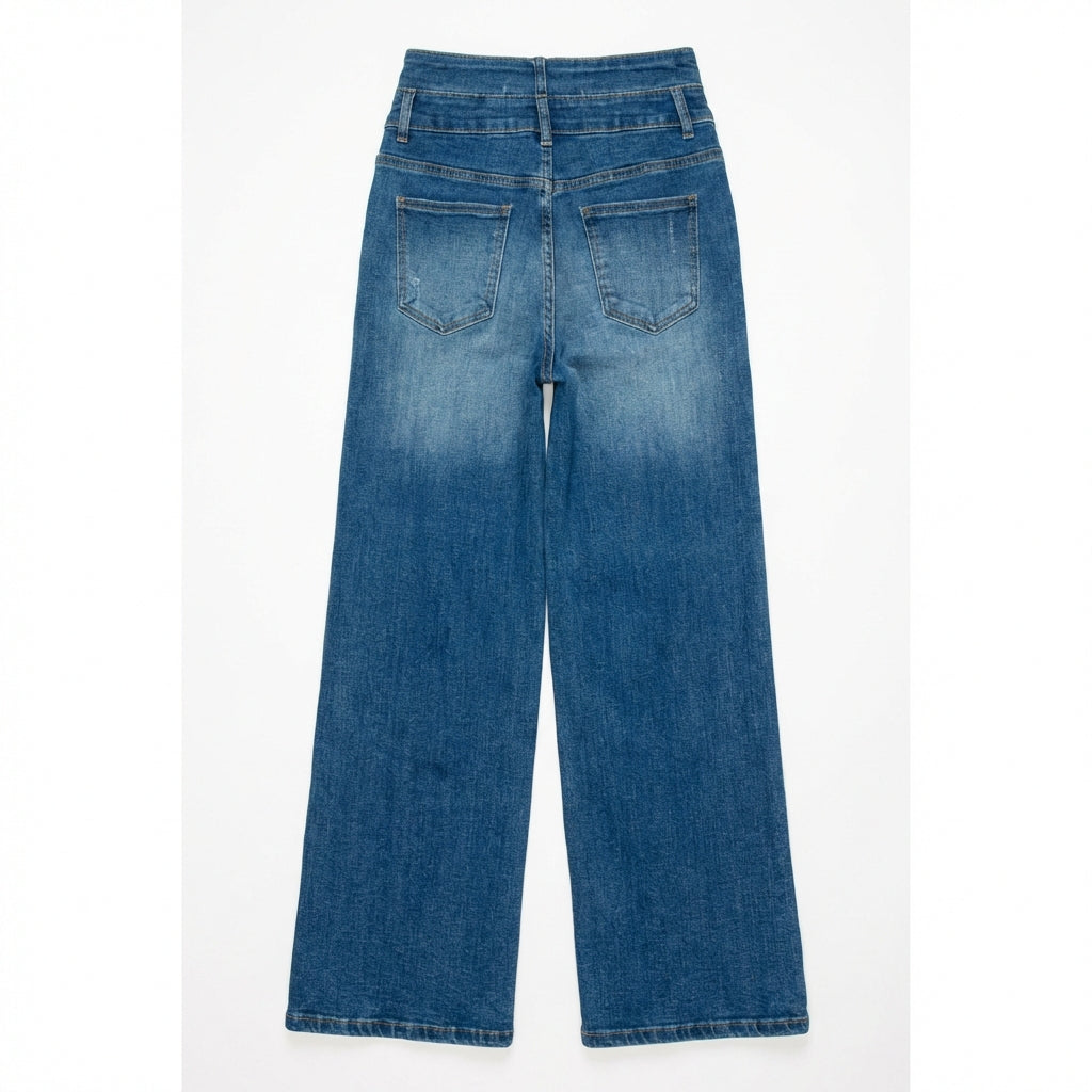 Women's Medium Blue Elastic Waist Jeans - Wide Leg Casual Denim