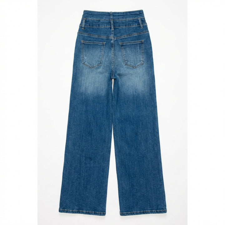 Women's Medium Blue Elastic Waist Jeans - Wide Leg Casual Denim