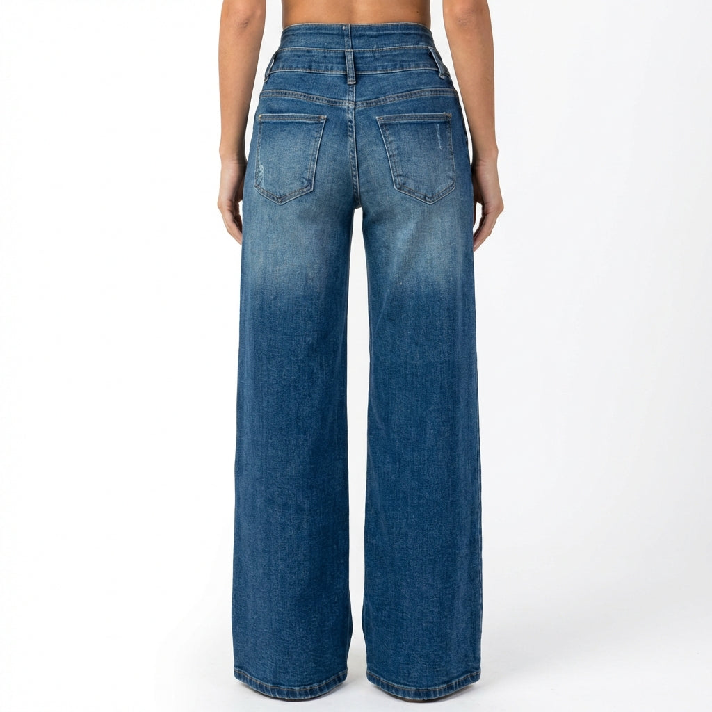 Women's Medium Blue Elastic Waist Jeans - Wide Leg Casual Denim