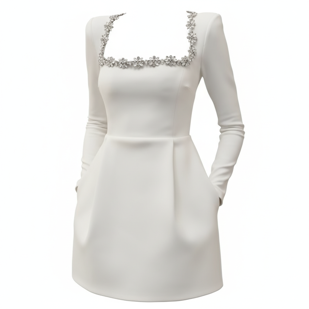Women's Square Neck A-Line Mini Dress – Long Sleeve Floral Rhinestone Detail