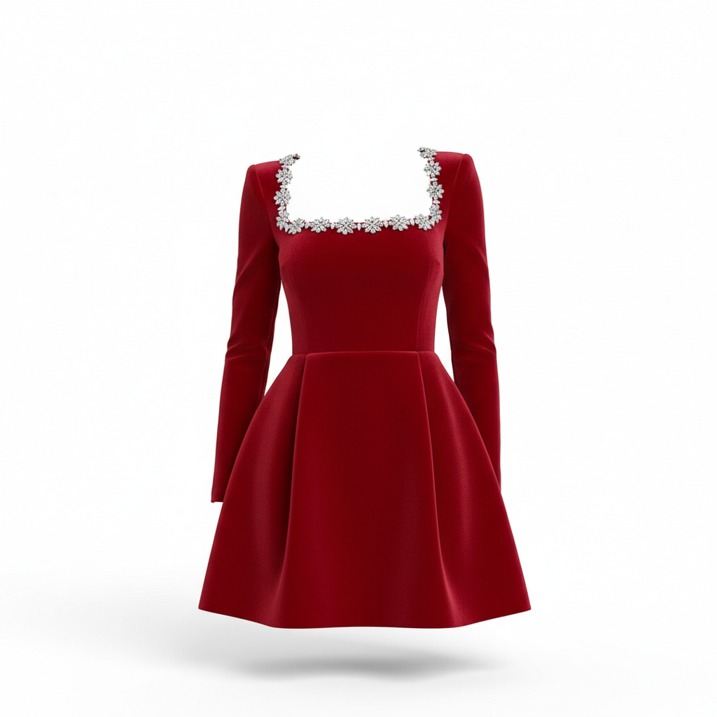Women's Square Neck A-Line Mini Dress – Long Sleeve Floral Rhinestone Detail