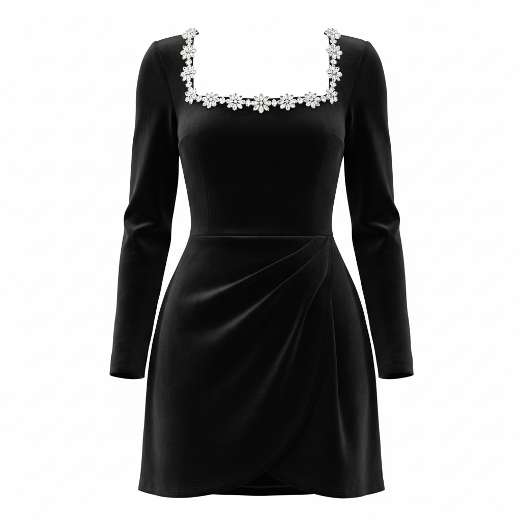 Women's Square Neck A-Line Mini Dress – Long Sleeve Floral Rhinestone Detail