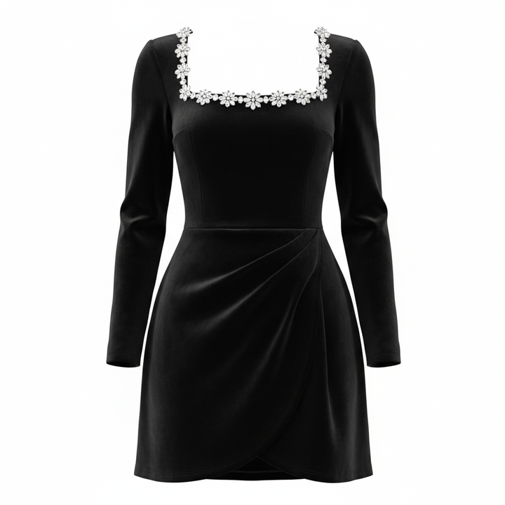 Women's Square Neck A-Line Mini Dress – Long Sleeve Floral Rhinestone Detail