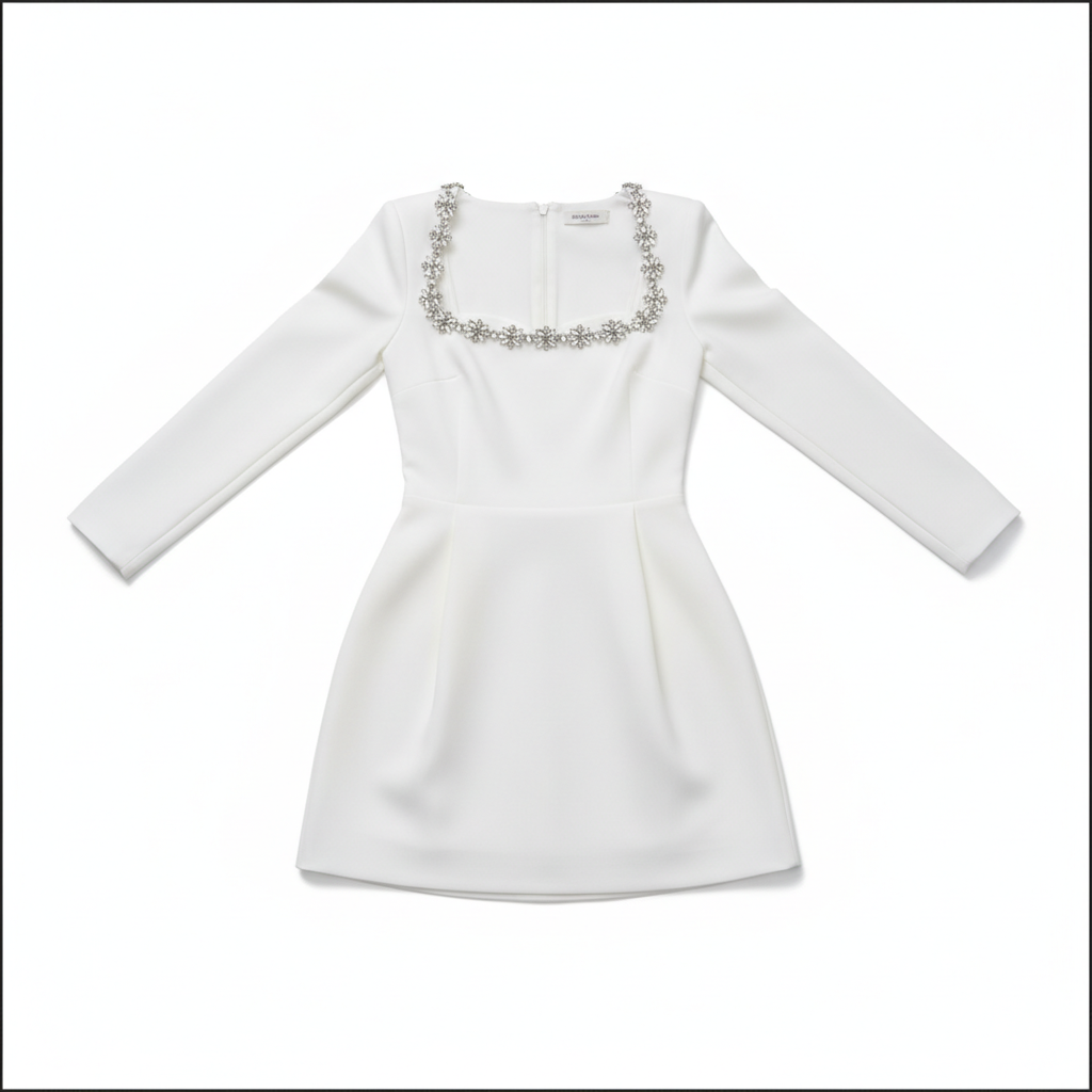 Women's Square Neck A-Line Mini Dress – Long Sleeve Floral Rhinestone Detail