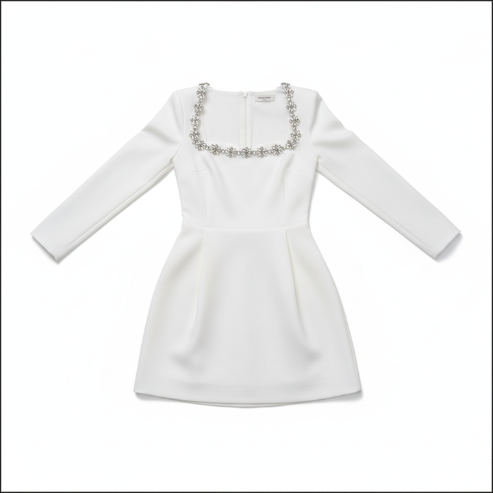 Women's Square Neck A-Line Mini Dress – Long Sleeve Floral Rhinestone Detail