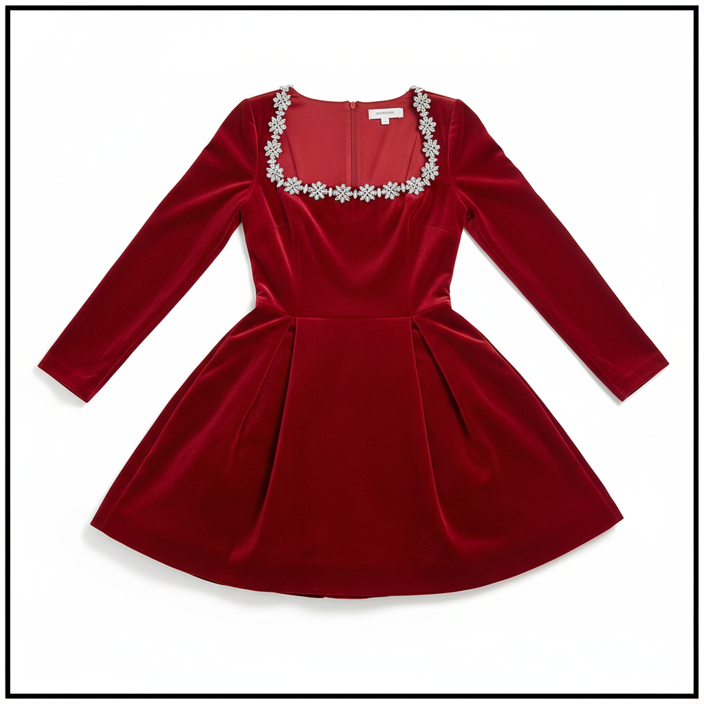 Women's Square Neck A-Line Mini Dress – Long Sleeve Floral Rhinestone Detail