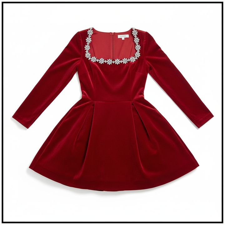 Women's Square Neck A-Line Mini Dress – Long Sleeve Floral Rhinestone Detail