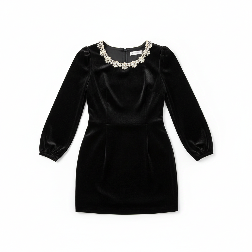 Women's Square Neck A-Line Mini Dress – Long Sleeve Floral Rhinestone Detail