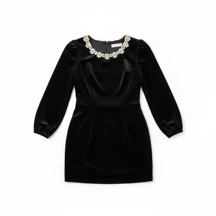 Women's Square Neck A-Line Mini Dress – Long Sleeve Floral Rhinestone Detail