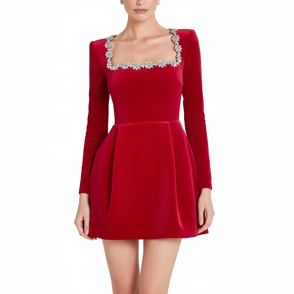 Women's Square Neck A-Line Mini Dress – Long Sleeve Floral Rhinestone Detail