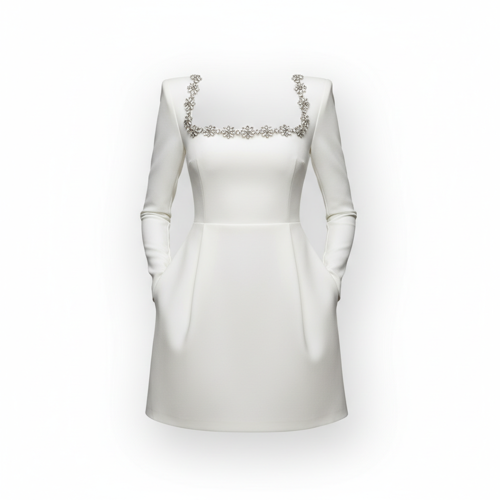 Women's Square Neck A-Line Mini Dress – Long Sleeve Floral Rhinestone Detail