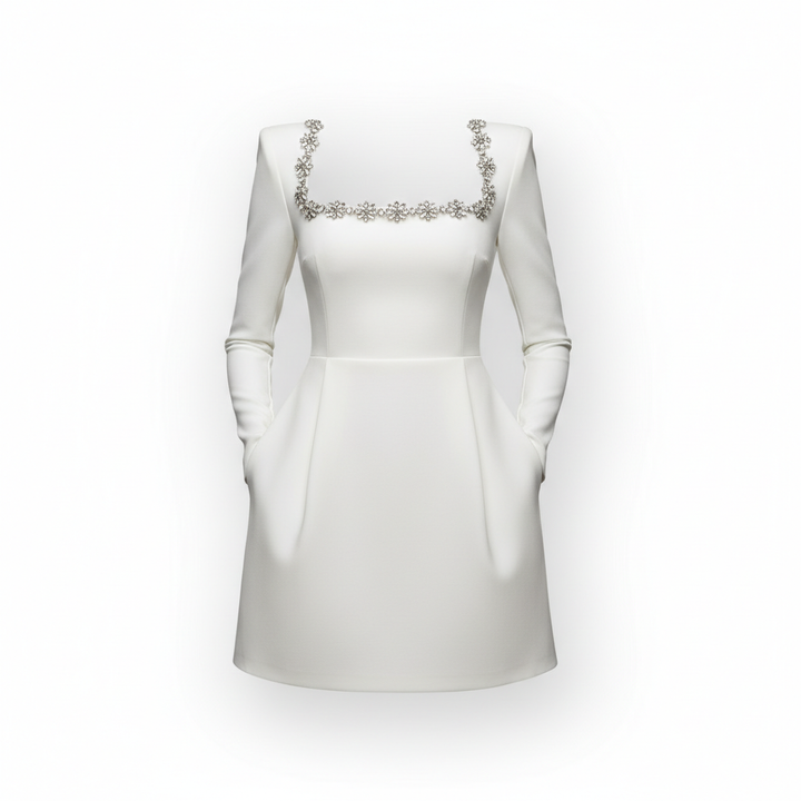 Women's Square Neck A-Line Mini Dress – Long Sleeve Floral Rhinestone Detail