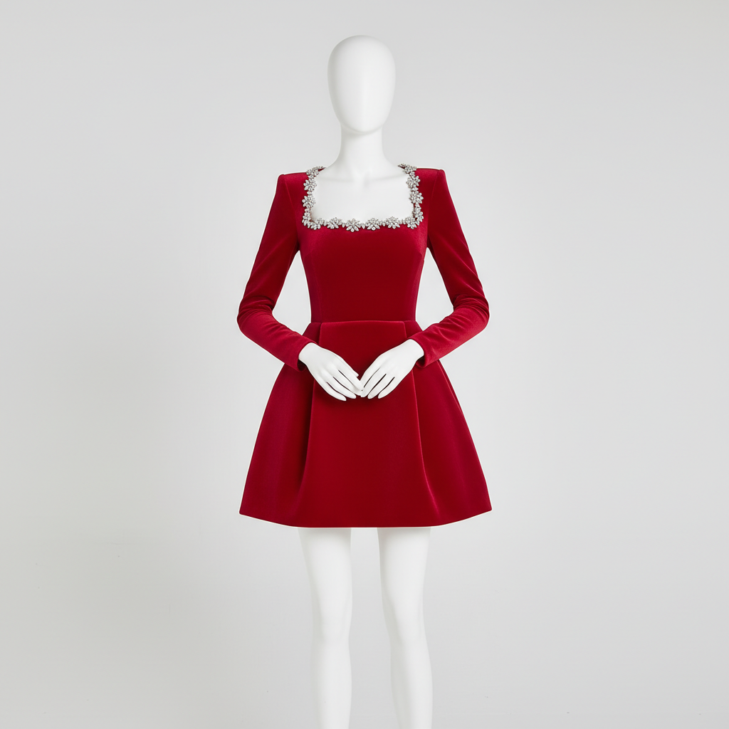 Women's Square Neck A-Line Mini Dress – Long Sleeve Floral Rhinestone Detail