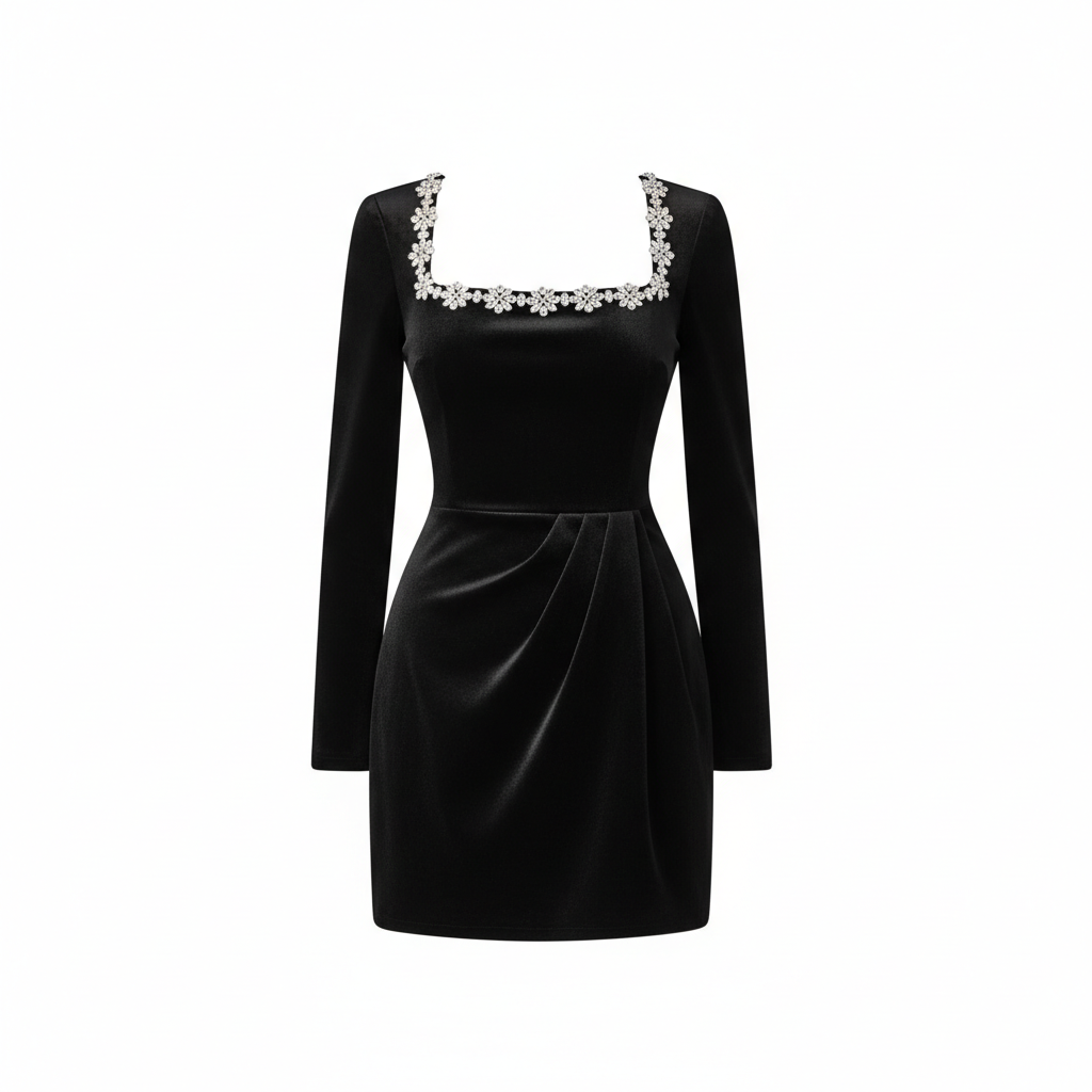 Women's Square Neck A-Line Mini Dress – Long Sleeve Floral Rhinestone Detail
