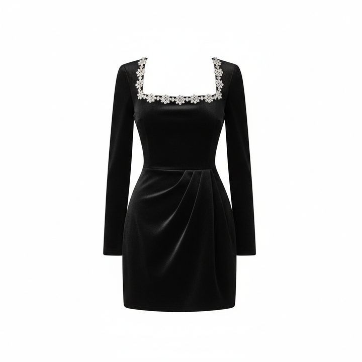 Women's Square Neck A-Line Mini Dress – Long Sleeve Floral Rhinestone Detail