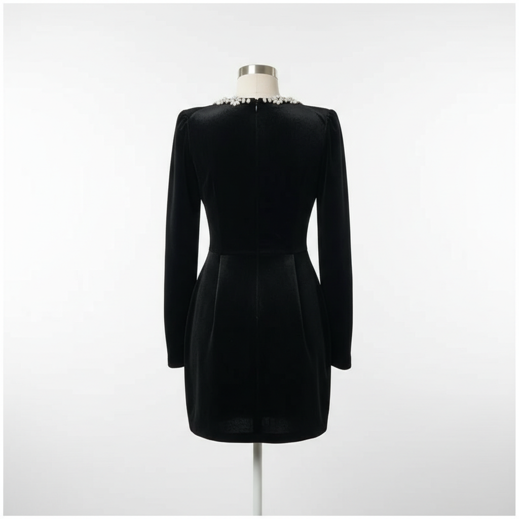 Women's Square Neck A-Line Mini Dress – Long Sleeve Floral Rhinestone Detail