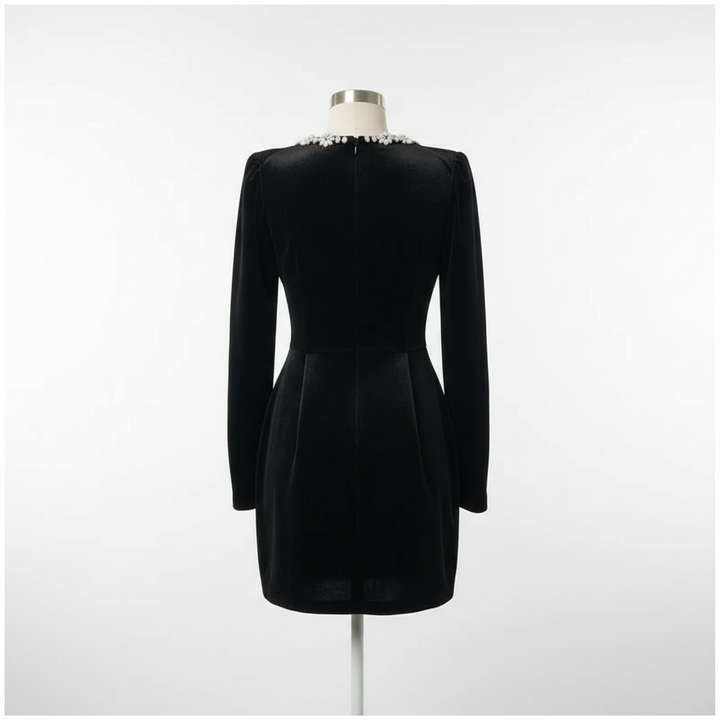 Women's Square Neck A-Line Mini Dress – Long Sleeve Floral Rhinestone Detail