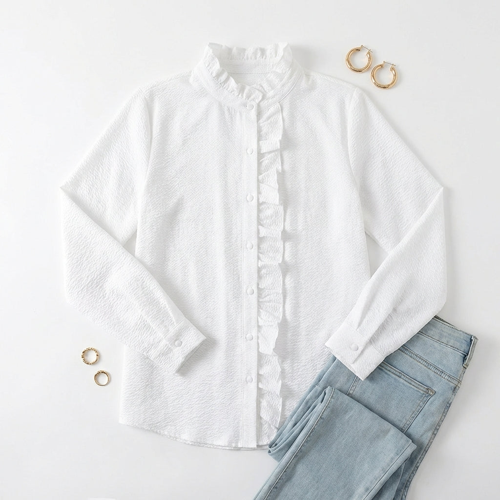 Women's Striped Ruffle Button-Up Blouse – Long Sleeve Office & Casual Shirt