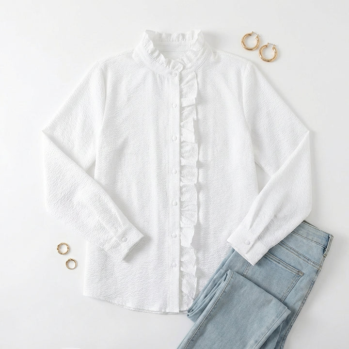 Women's Striped Ruffle Button-Up Blouse – Long Sleeve Office & Casual Shirt