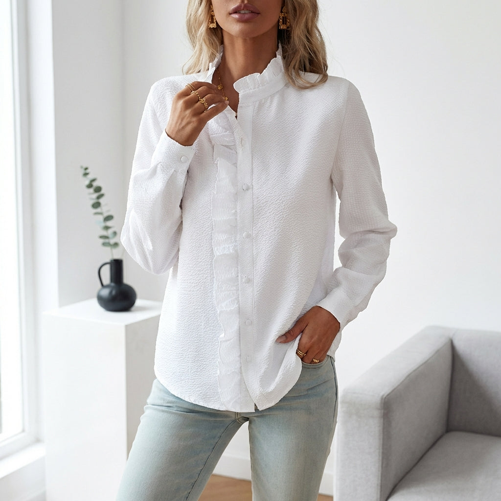 Women's Striped Ruffle Button-Up Blouse – Long Sleeve Office & Casual Shirt