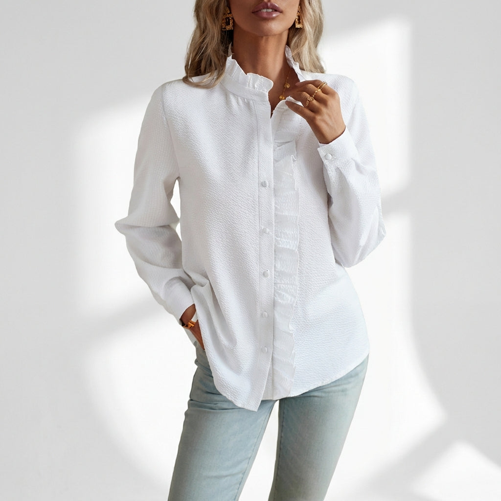 Women's Striped Ruffle Button-Up Blouse – Long Sleeve Office & Casual Shirt