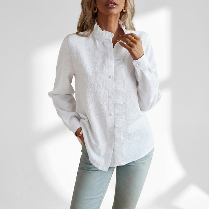 Women's Striped Ruffle Button-Up Blouse – Long Sleeve Office & Casual Shirt