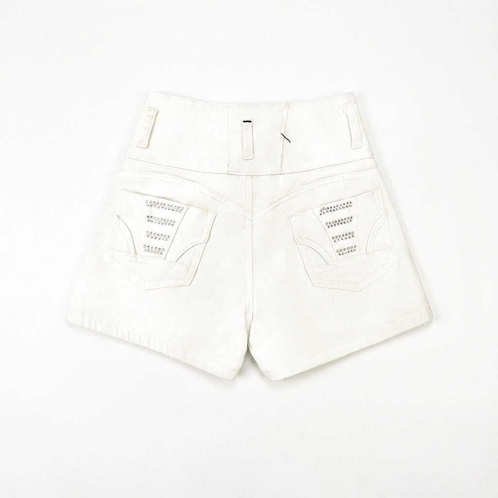 Women's White High-Rise Denim Shorts – Slim Fit Button Front with Bling Pocket Detail