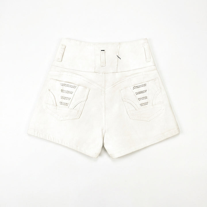 Women's White High-Rise Denim Shorts – Slim Fit Button Front with Bling Pocket Detail